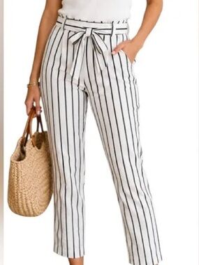 Banana Republic White Avery Pants with Black Vertical Stripes and Self-Tie Belt